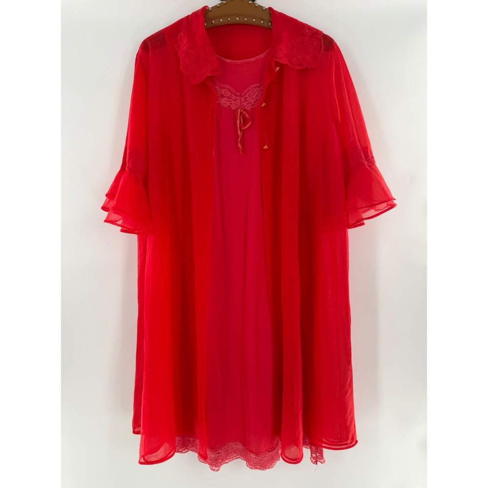 Vintage Texsheen Orange/Red Nylon Lace Nightgown and Sheer Ruffle Robe Set Sz M